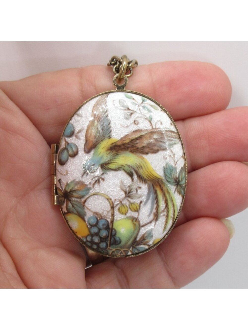 Vintage Enamel Bird of Paradise Locket Necklace 24" Chain Fruit Basket Gold Tone